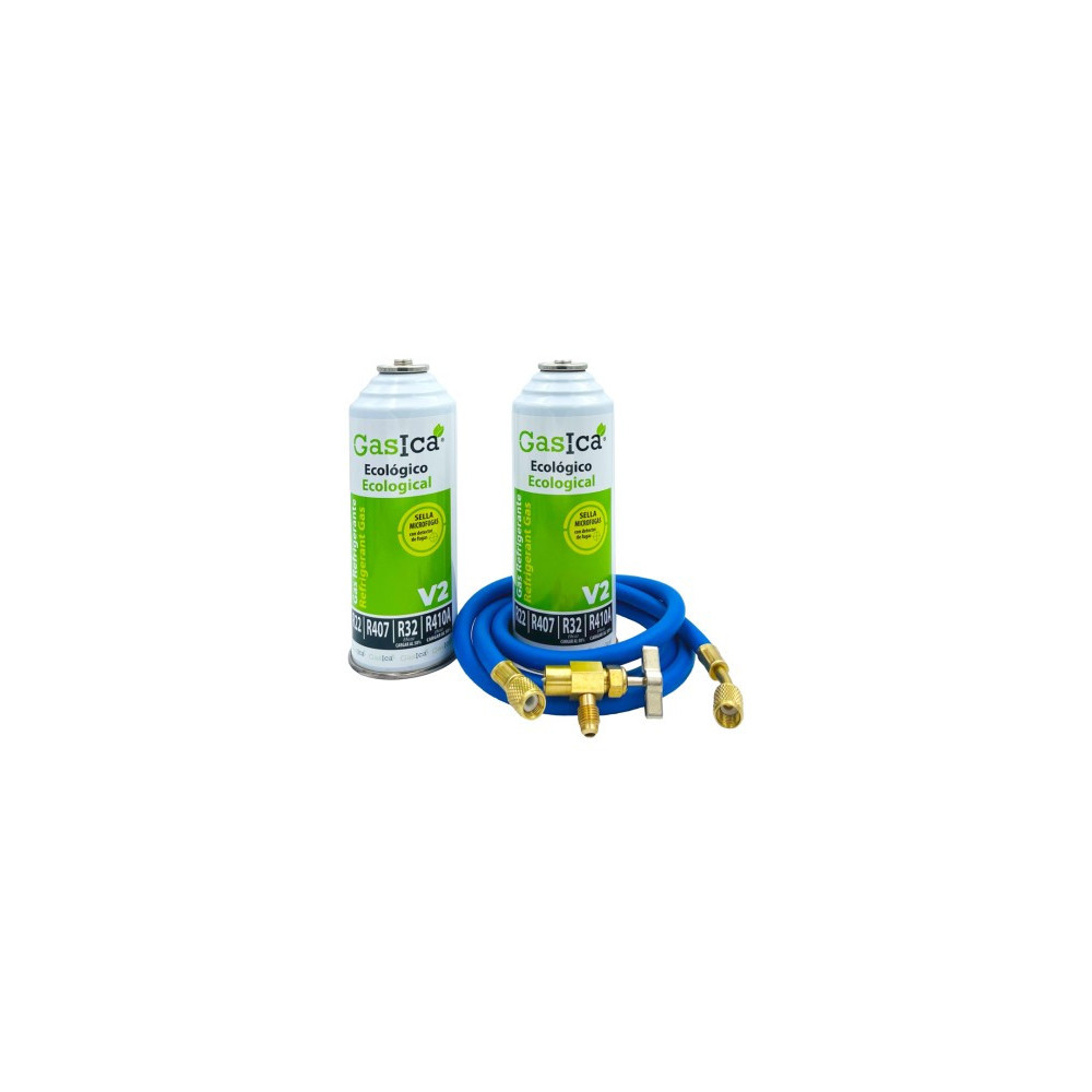 Gasica - Pack gas refrigerante R22 R32 R407 R290 R410A con manguera carga y válvula para refrigeración - 470001175PGR