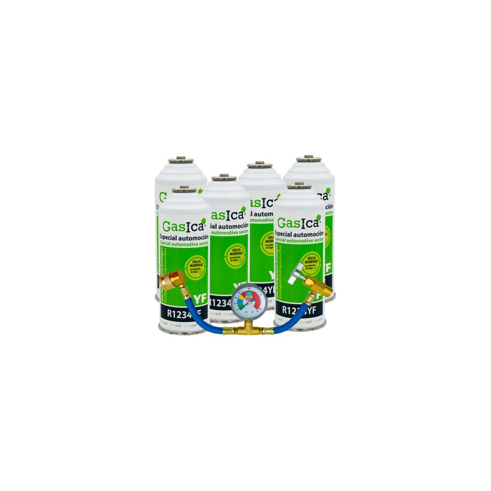 Gasica - Pack 6 botellas gas refrigerante R1234yf + manómetro para refrigeración - 470001324P6M
