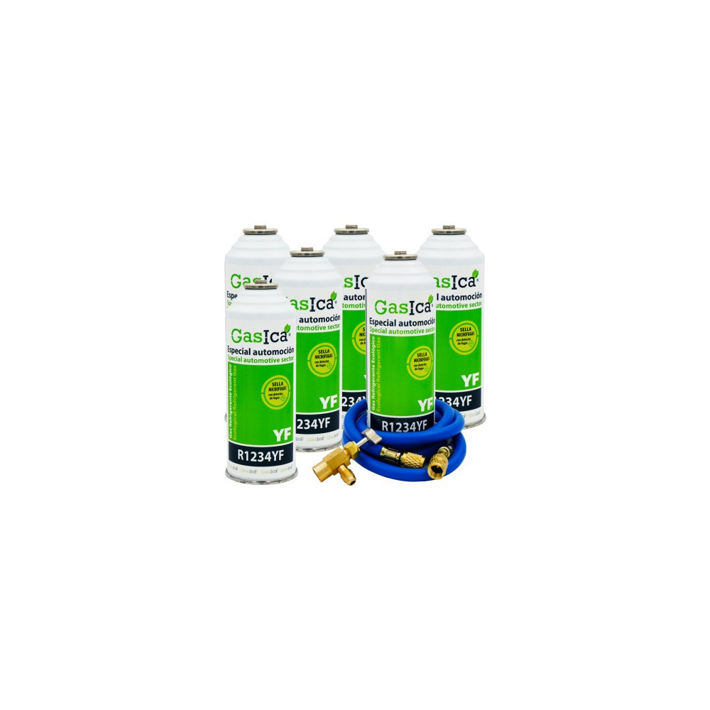 Gasica - Pack 6 botellas gas refrigerante R1234yf, manguera carga y válvula para refrigeración - 470001324P6GR