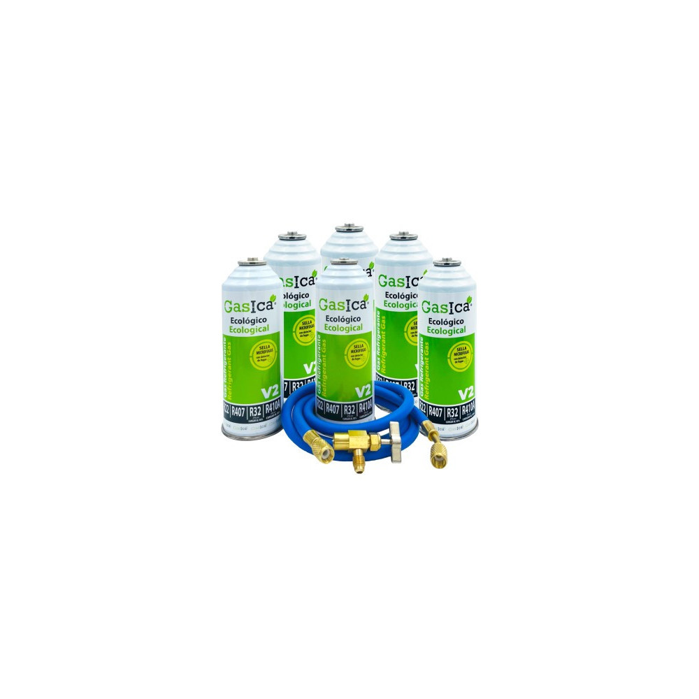 Gasica - Pack 6 garrafas de gás refrigerante R22 - R32 - R407 - R290 - R410A com mangueira e válvula - 470001175P6HR