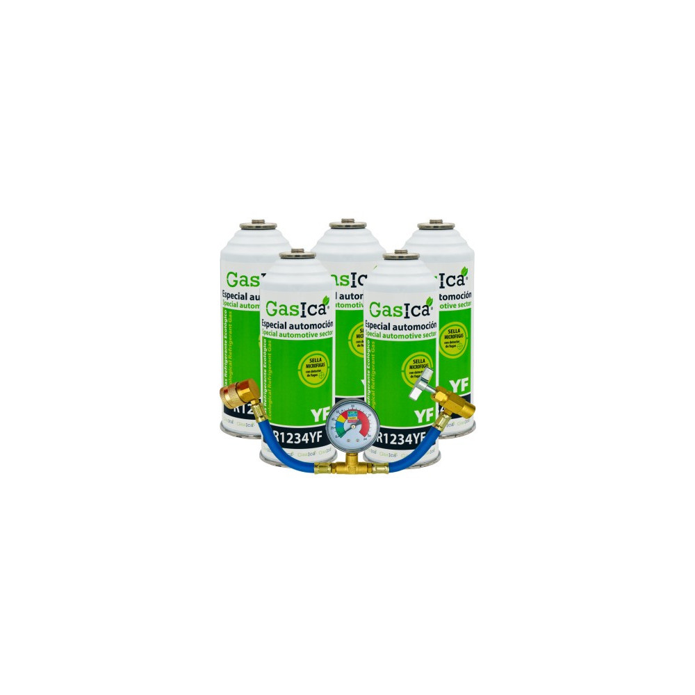 Gasica - Pack 5 botellas gas refrigerante R1234yf + manómetro para refrigeración - 470001324P5M