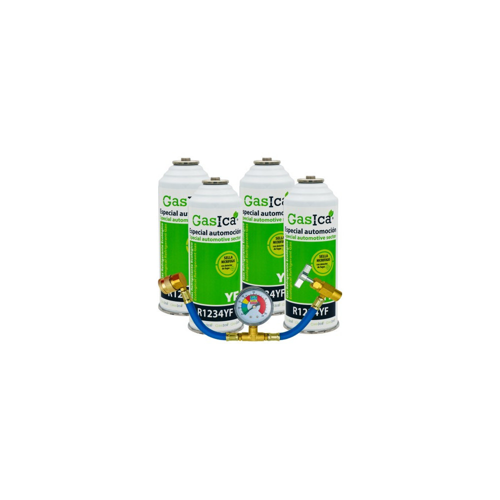 Gasica - Pack 4 botellas gas refrigerante R1234yf + manómetro para refrigeración - 470001324P4M