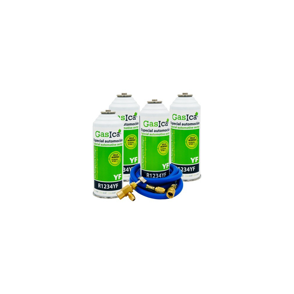 Gasica - Pack 4 botellas gas refrigerante R1234yf, manguera carga y válvula para refrigeración - 470001324P4HR