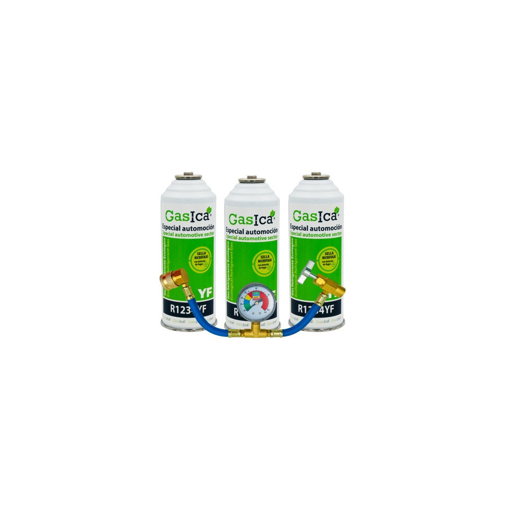 Gasica - Pack 3 botellas gas refrigerante R1234yf con manómetro para refrigeración - 470001324P3M