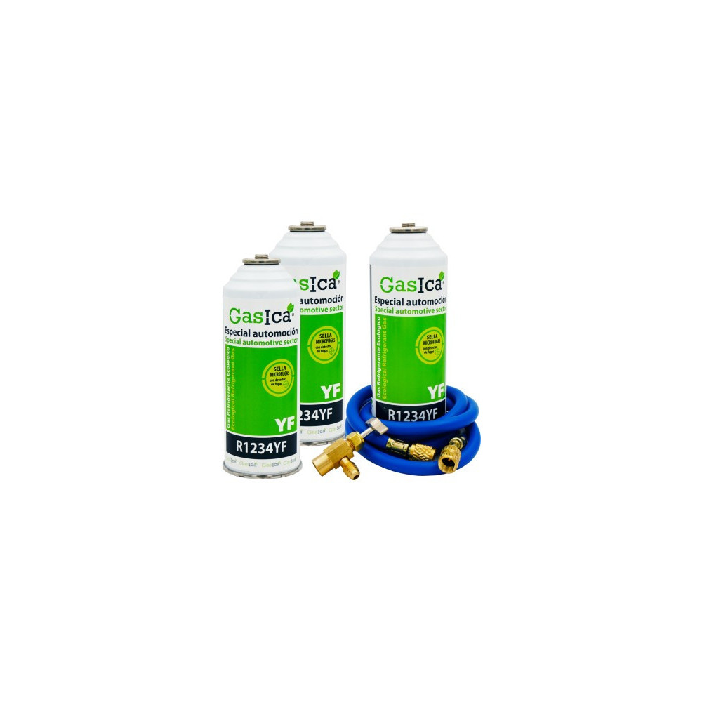 Gasica - Pack 3 botellas gas refrigerante R1234yf, manguera carga y válvula para refrigeración - 470001324P3HR