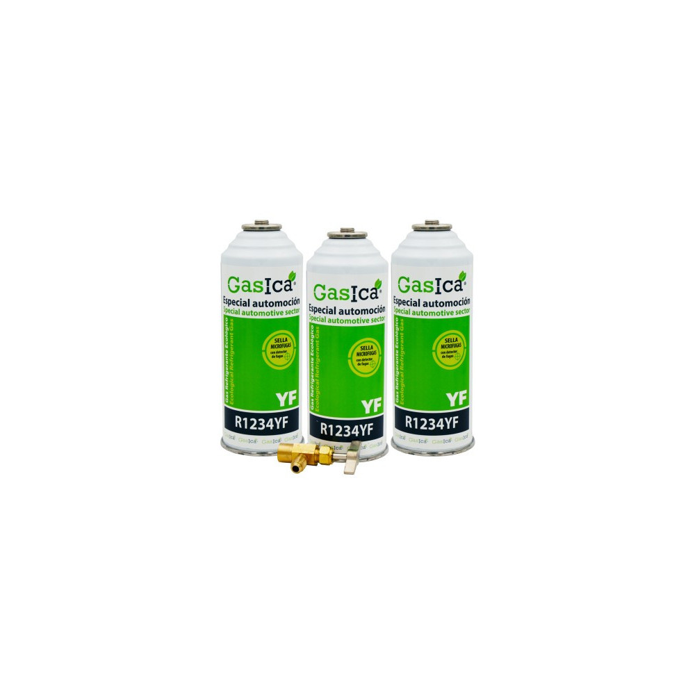Gasica - Pack 3 botellas gas refrigerante R1234yf y llave de servicio para refrigeración - 470001324P3R