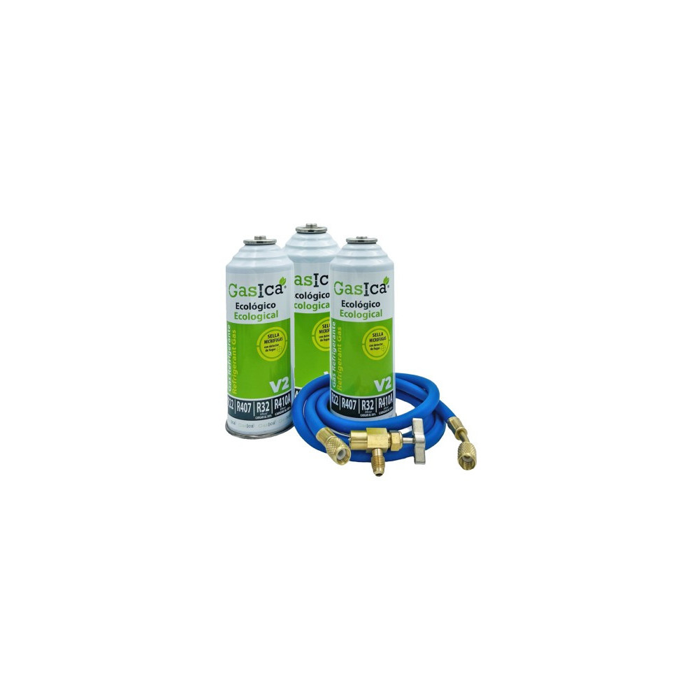 Gasica - Pack 3 botellas gas refrigerante R22 - R32 - R407 - R290 - R410A con manguera y válvula refrigeración - 470001175P3HR