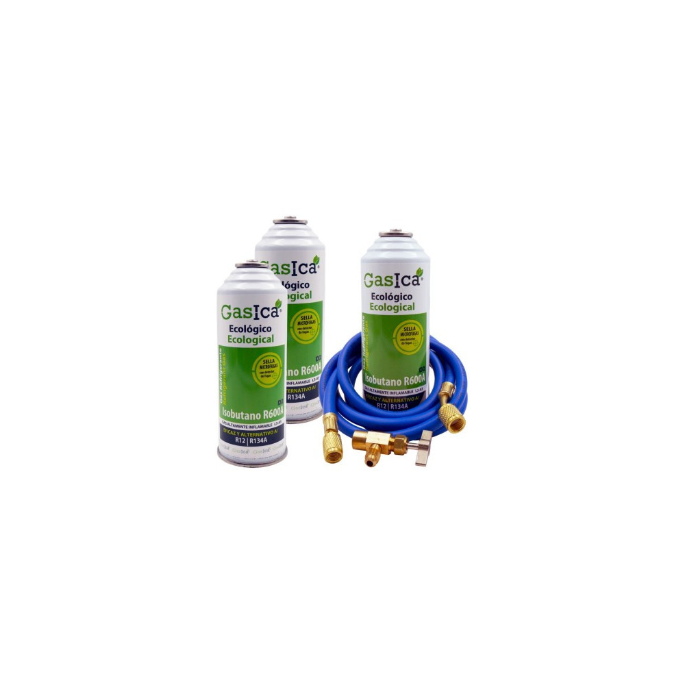 Gasica - Pack 3 botellas gas refrigerante R12 R134a, manguera carga y válvula para refrigeración - 470001174P3HR