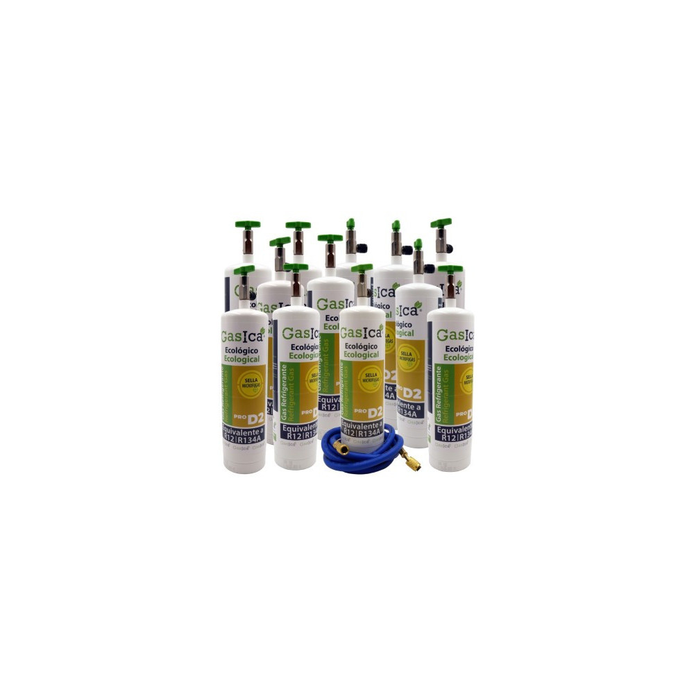 Gasica - Pack 12 botellas gas refrigerante GASICA PRO D2 R12 R134a y manguera 5/16x1/4  - 470001174PROP12G