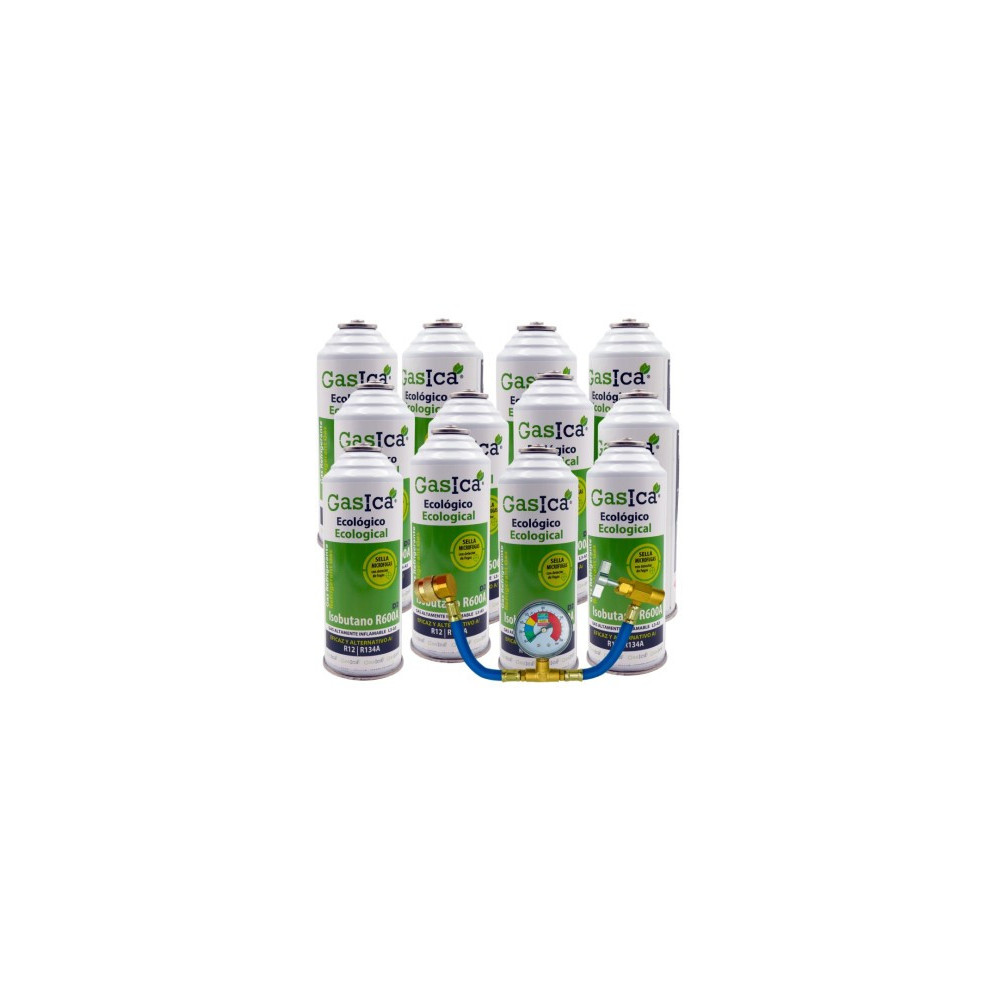 Gasica - Pack 12 botellas gas refrigerante R12 R134a con manómetro para refrigeración - 470001174P12M