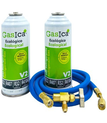 Recambio Gasica - Pack gas refrigerante R22 R32 R407 R290 R410A con manguera carga y válvula para refrigeración - 470001175PGR