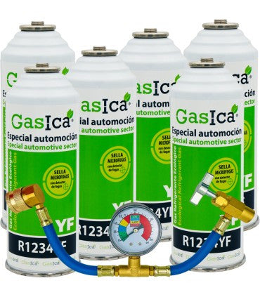Recambio Gasica - Pack 6 botellas gas refrigerante R1234yf + manómetro para refrigeración - 470001324P6M