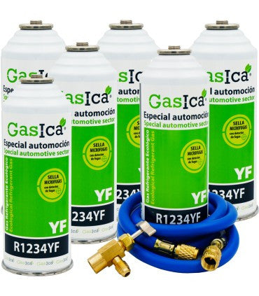 Recambio Gasica - Pack 6 botellas gas refrigerante R1234yf, manguera carga y válvula para refrigeración - 470001324P6GR