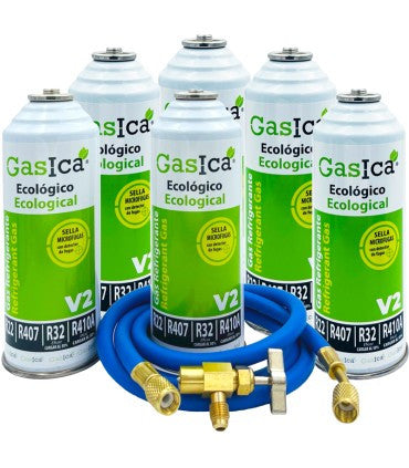 Recambio Gasica - Pack 6 botellas gas refrigerante R22 - R32 - R407 - R290 - R410A con manguera y válvula - 470001175P6HR