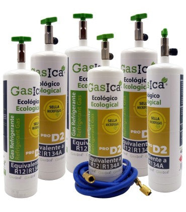 Recambio Gasica - Pack 6 botellas gas refrigerante GASICA PRO D2 R12 R134a y manguera carga para refrigeración - 470001174PROP6G