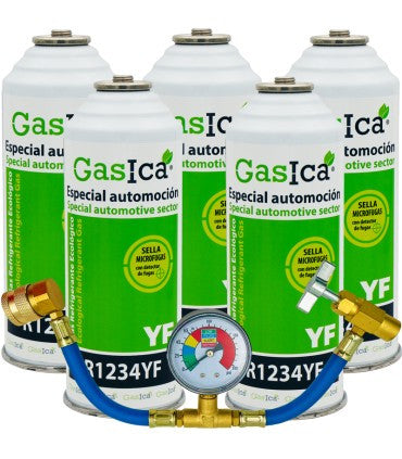 Recambio Gasica - Pack 5 botellas gas refrigerante R1234yf + manómetro para refrigeración - 470001324P5M
