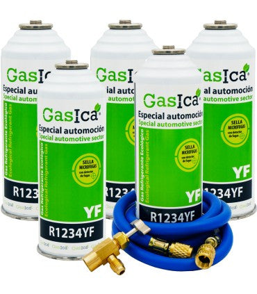 Recambio Gasica - Pack 5 botellas gas refrigerante R1234yf con manguera y válvula para refrigeración - 470001324P5GR