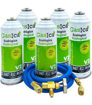 Recambio Gasica - Pack 5 botellas gas refrigerante R22 - R32 - R407 - R290 - R410A, manguera y válvula refrigeración - 470001175P5HR