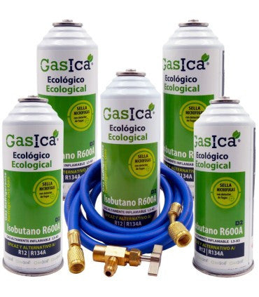 Recambio Gasica - Pack 5 botellas gas refrigerante R12 - R134a, manguera carga y válvula para refrigeración - 470001174P5GR