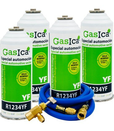 Recambio Gasica - Pack 4 botellas gas refrigerante R1234yf, manguera carga y válvula para refrigeración - 470001324P4GR