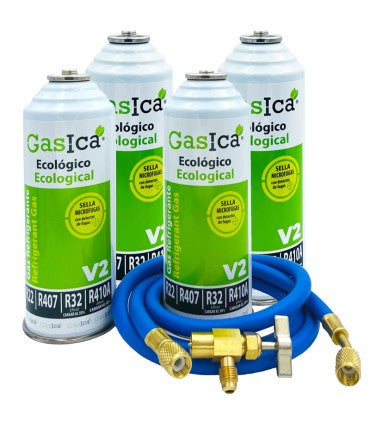 Recambio Gasica - Pack 4 botellas gas refrigerante R22 R32 R407 R290 R410A con manguera y válvula para refrigeración - 470001175P4GR