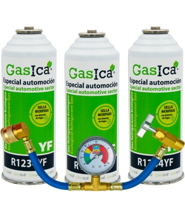 Recambio Gasica - Pack 3 botellas gas refrigerante R1234yf con manómetro para refrigeración - 470001324P3M