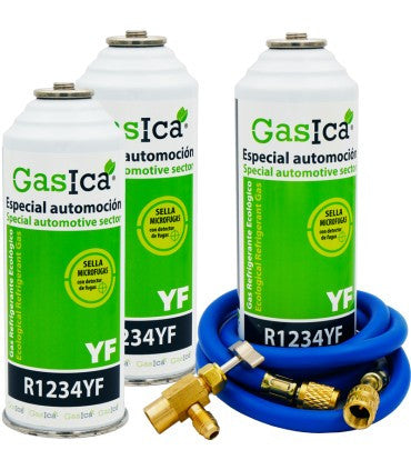 Recambio Gasica - Pack 3 botellas gas refrigerante R1234yf, manguera carga y válvula para refrigeración - 470001324P3HR