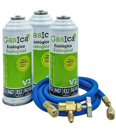 Recambio Gasica - Pack 3 botellas gas refrigerante R22 R32 R407 R290 R410A con manguera y válvula para refrigeración - 470001175P3GR