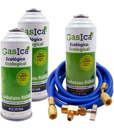 Recambio Gasica - Pack 3 botellas gas refrigerante R12 R134a, manguera carga y válvula para refrigeración - 470001174P3HR