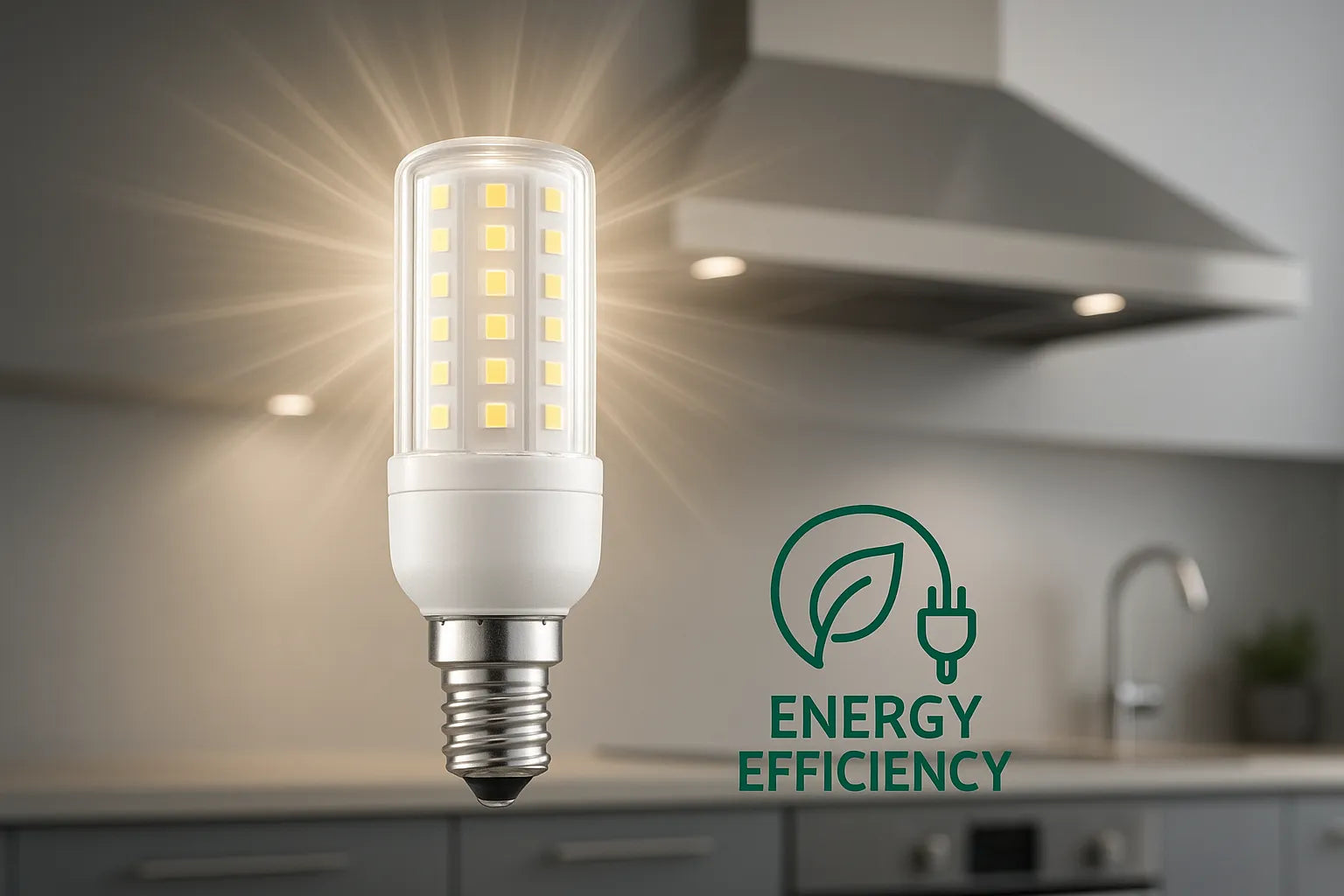 Bombilla LED universal para campana extractora que ahorra energía, con diseño moderno y eficiente, emitiendo luz brillante en una cocina moderna