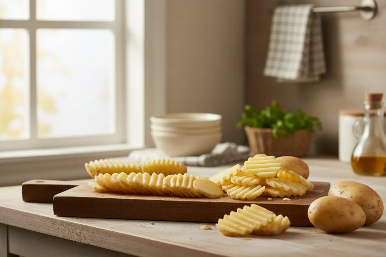 Patatas cortadas onduladas en cocina casera